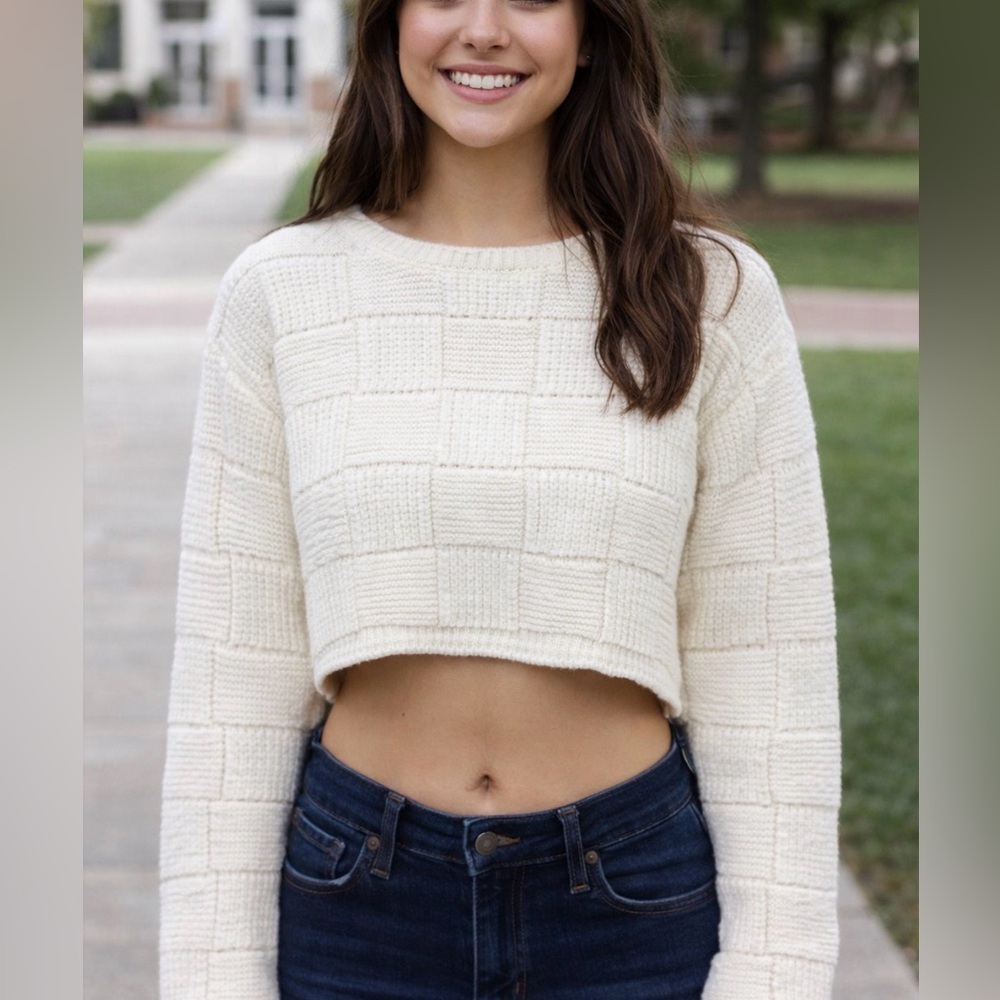 Urban Revivo Cropped Crocket/Knit Sweater Ivory Contemporary  Sz L / US 10.  EUC